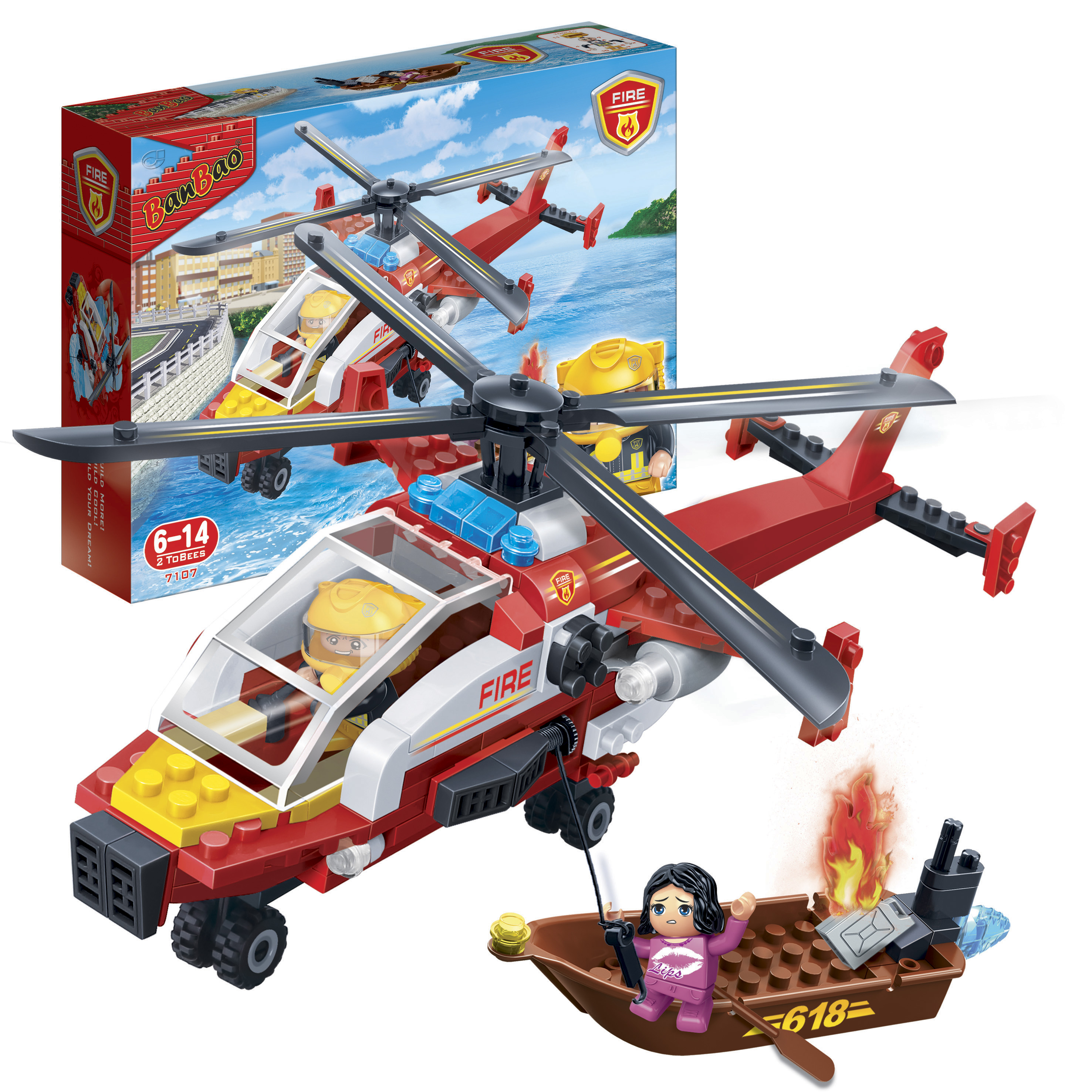 Kinder Geschenk Konstruktion Spielzeug Bausteine Baukästen Feuerwehr Hubschrauber 7107